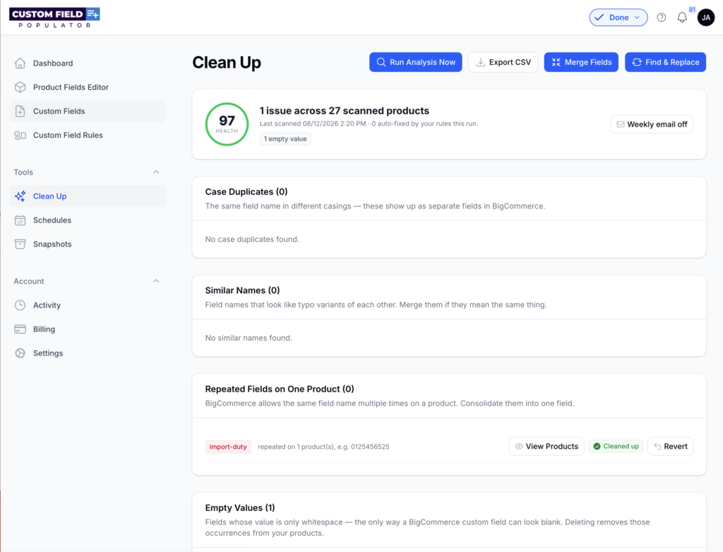 Cleanup and health score screenshot
