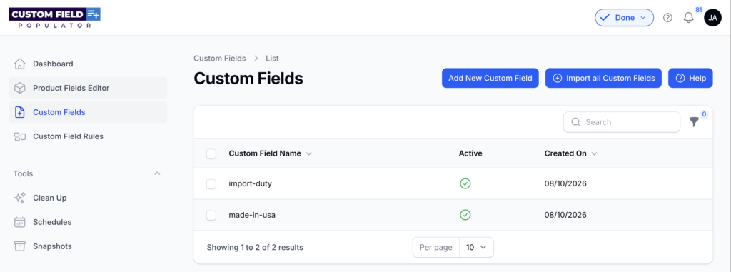 Custom fields screenshot