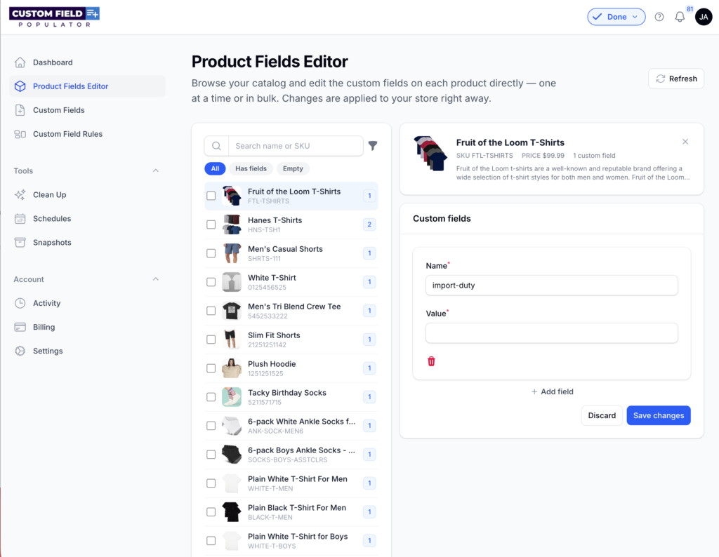Product fields editor screenshot